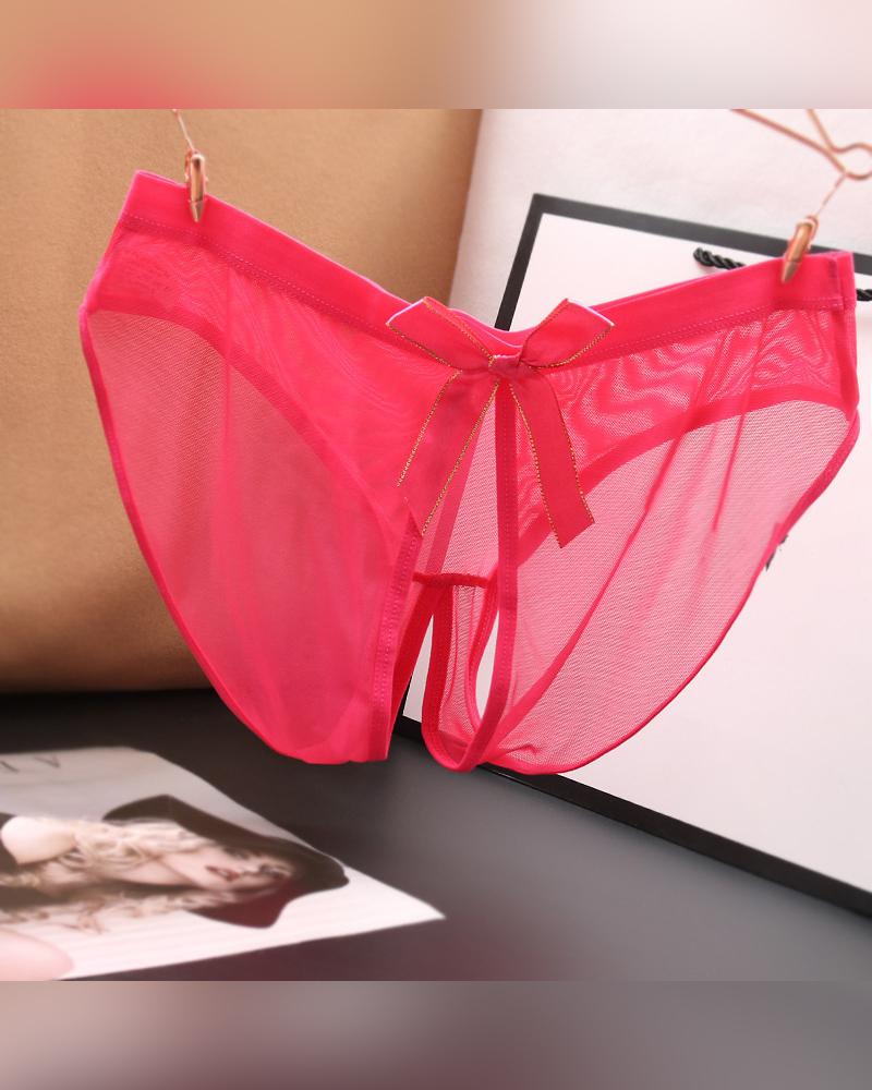 

Solid Color Mesh Open File Bowknot Sexy Triangle Underwear Panties, Hot pink