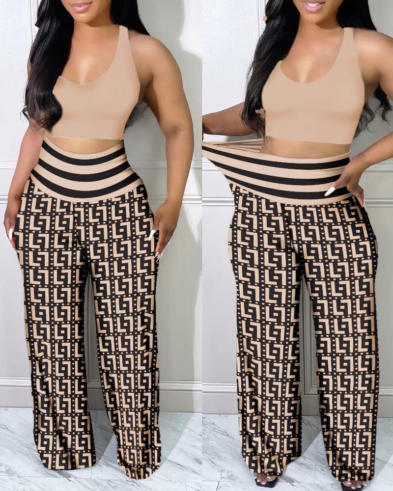 Crop Tank Top & Geometric Print High Waist Pants Set