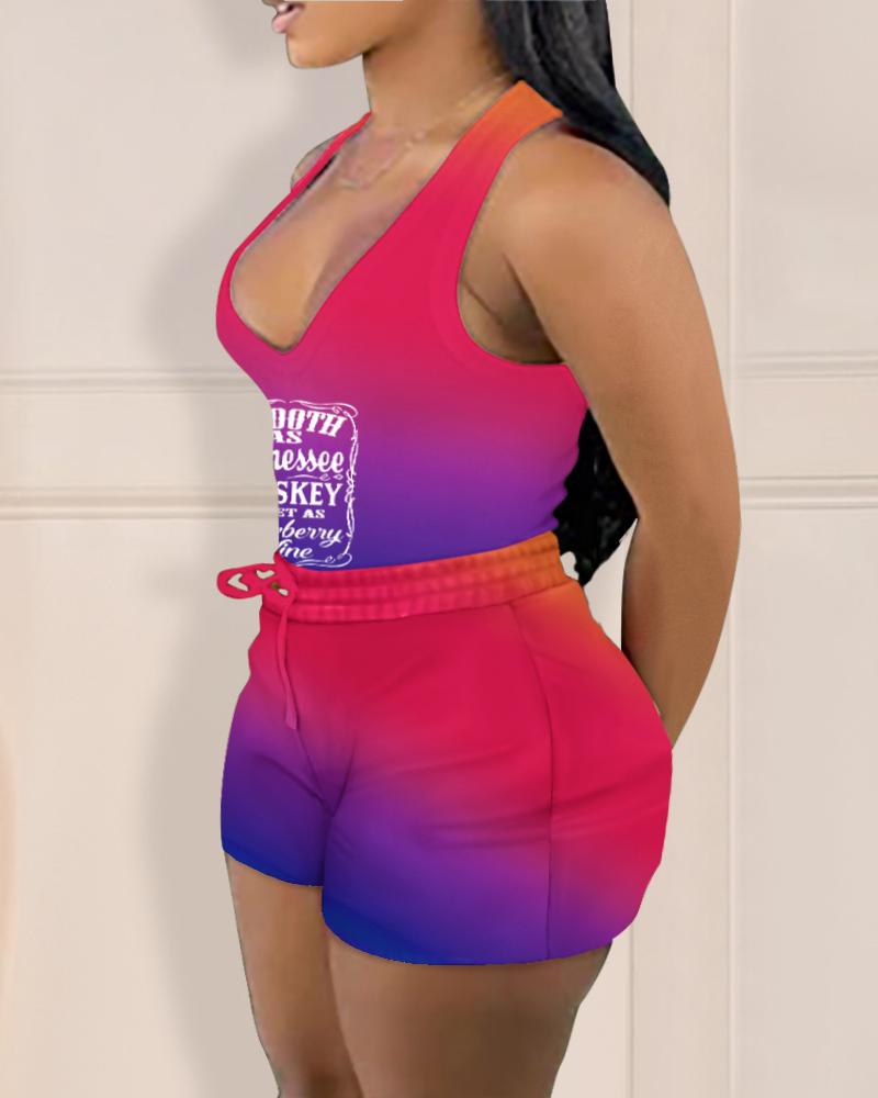 

Plus Size Smooth As Tennessee Whiskey Sweet As Strawberry Wine Print Ombre Tank Top & Shorts Set, Multicolor