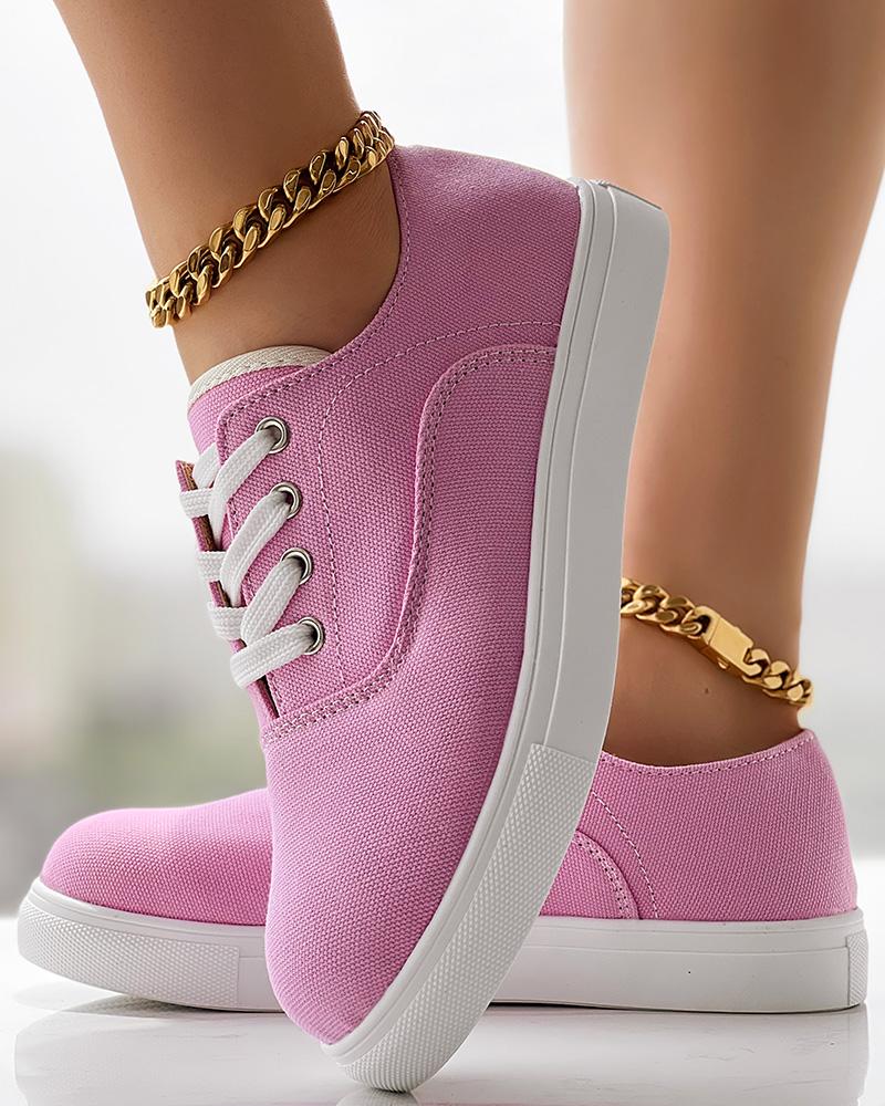 

Eyelet Lace-up Round Toe Canvas Sneakers, Pink
