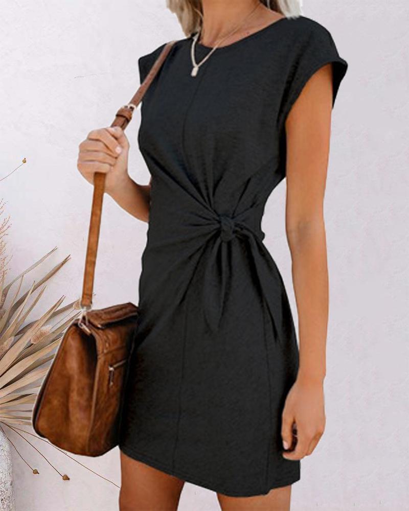 

Tied Detail Round Neck Casual Dress, Black