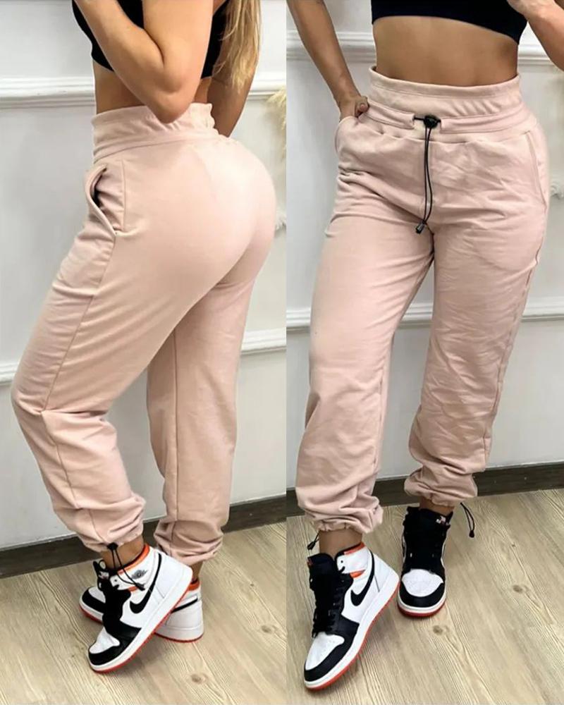 

High Waist Drawstring Cuffed Pants, Pink