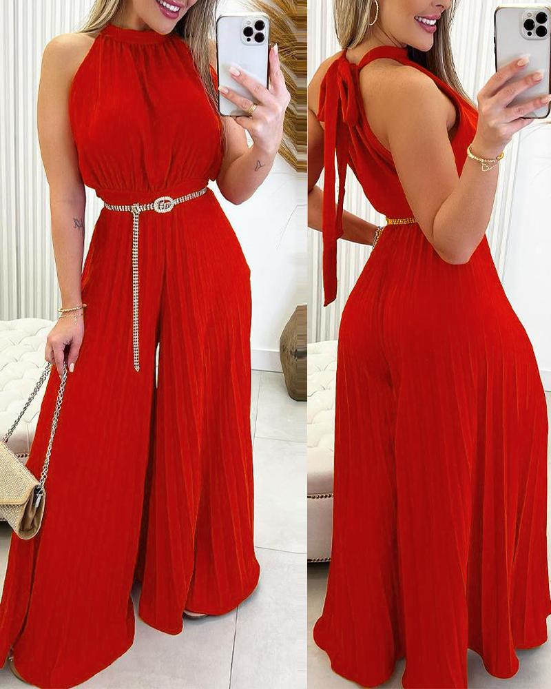 

Sleeveless Pleated Wide Leg Jumpsuit Without Belt, Red