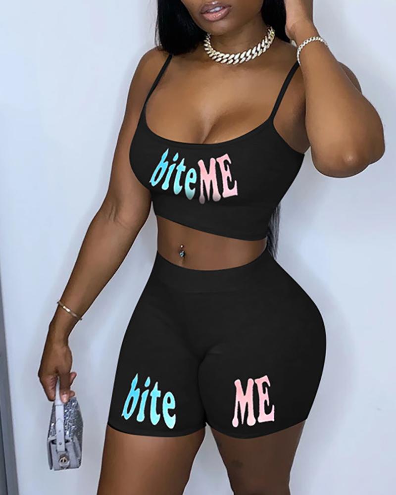 

Letter Print Crop Top & High Waist Fitted Shorts Set, Black