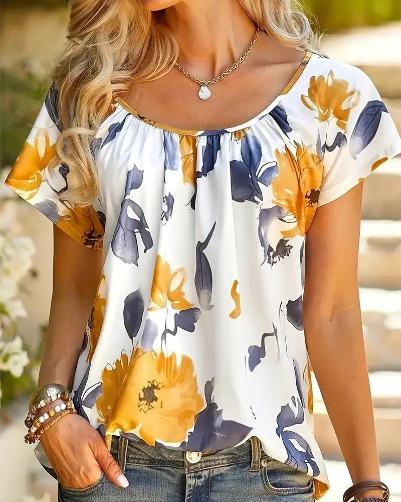 

Floral Print Short Sleeve Ruched Top, White