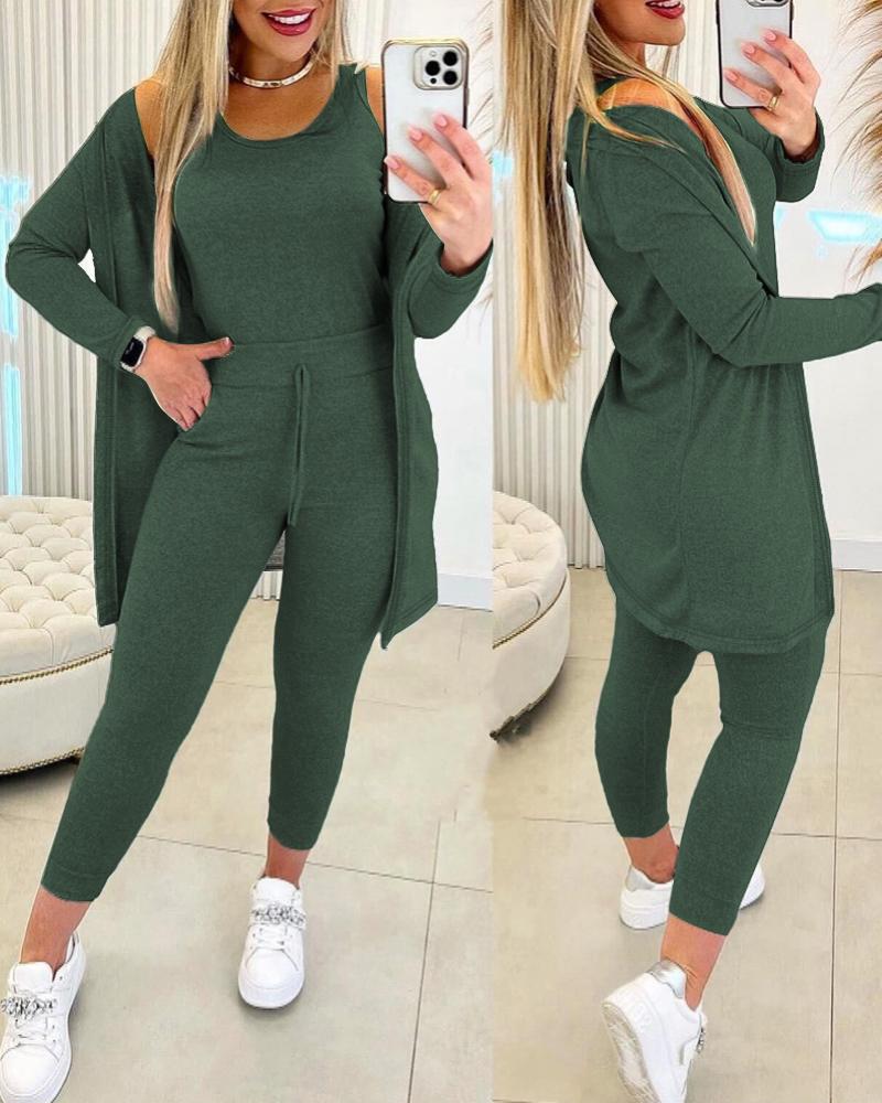 

3 Piece Lounge Set Crewneck Sleeveless Tank Top Long Sleeve Open Front Coat Pants Sweatsuit, Green