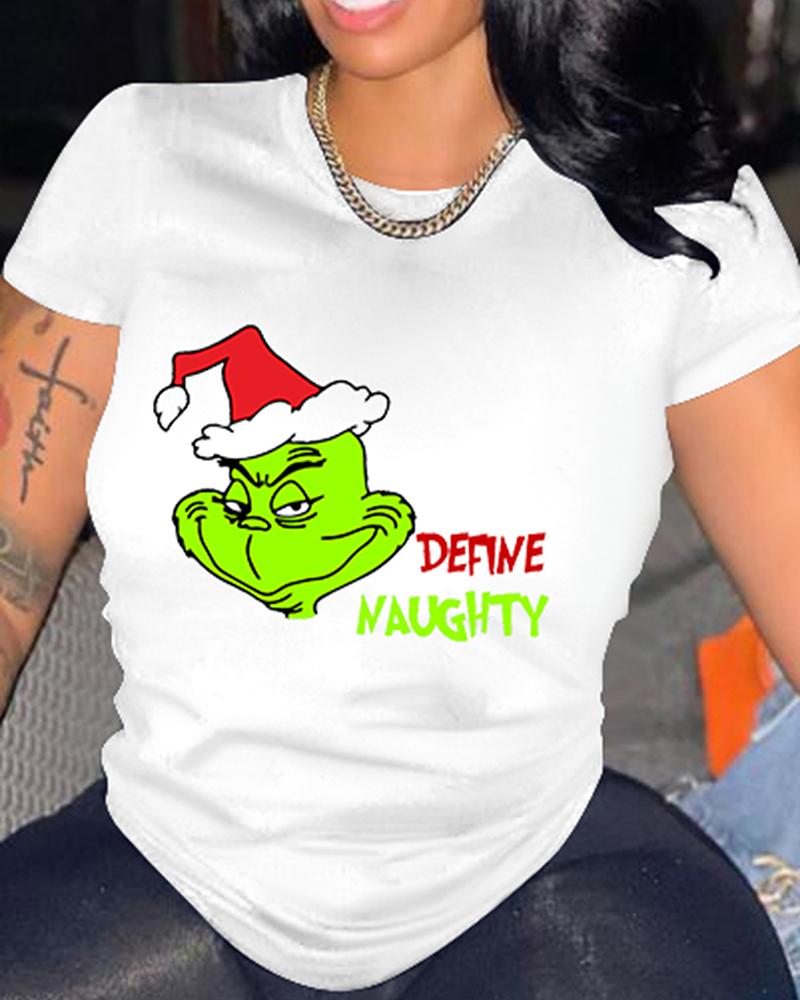 

Christmas Short Sleeve Hat Graphic Letter Print Top, White