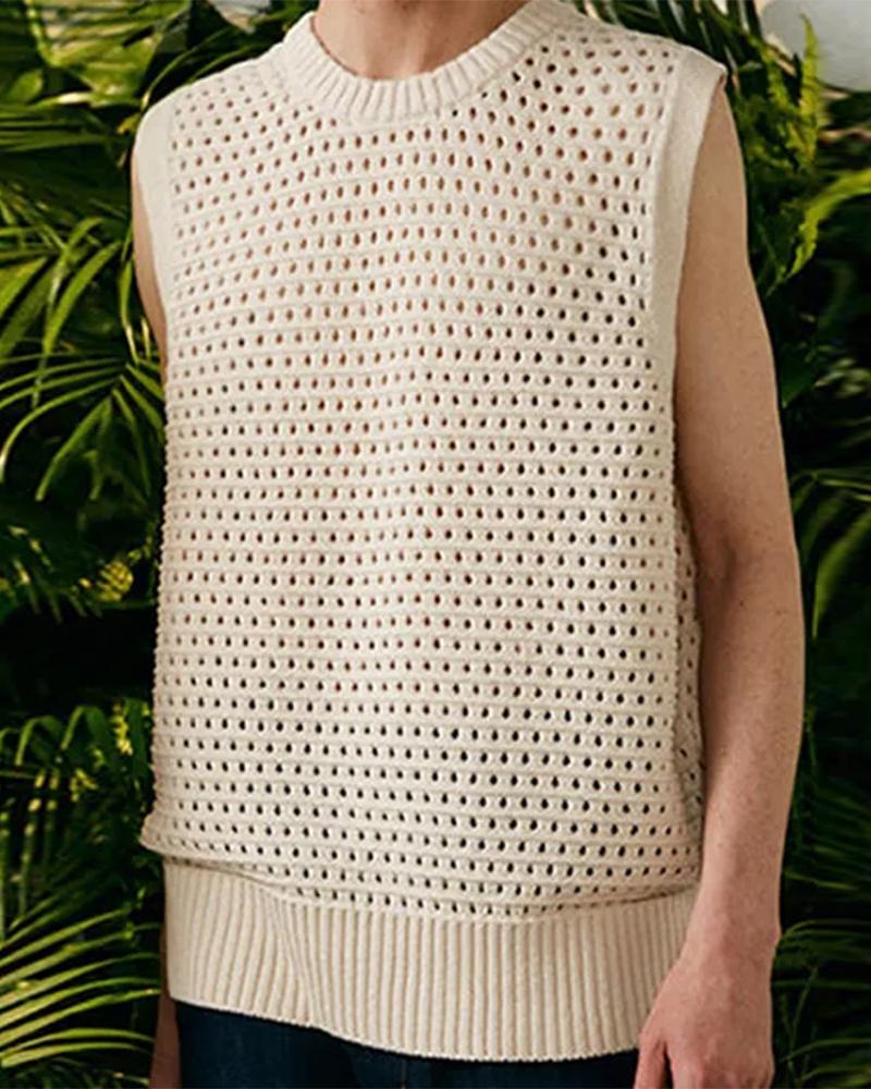 

Solid Sleeveless Loose Knitted Sweaters Vest, Beige