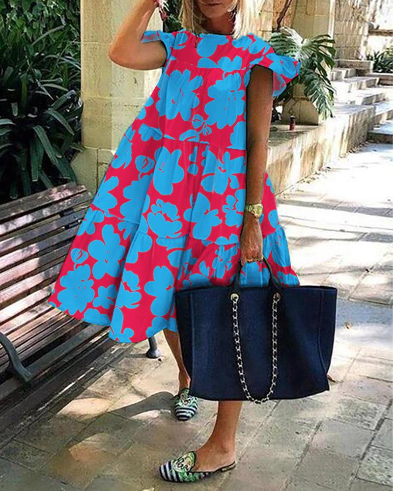 

All Over Print Print Short Sleeve Ruched Casual Dress, Multicolor