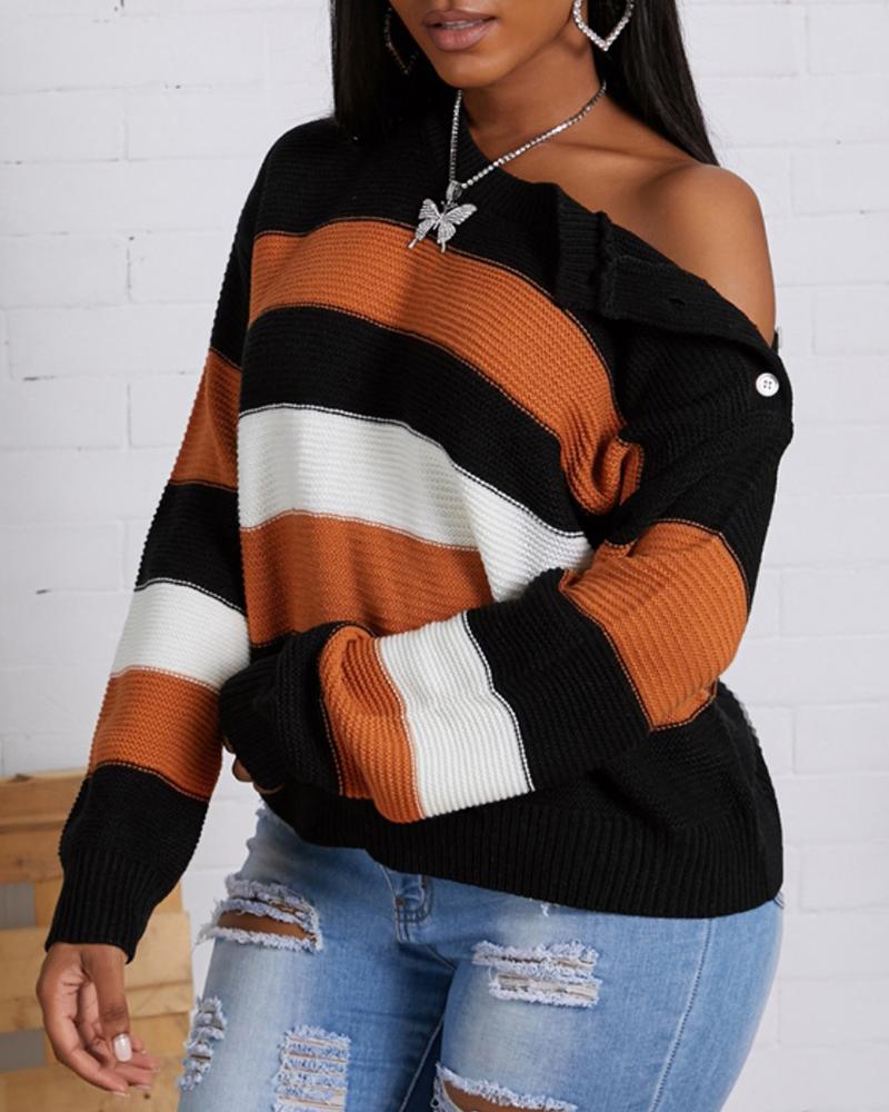 

Colorblock Long Sleeve Casual Sweater, Black