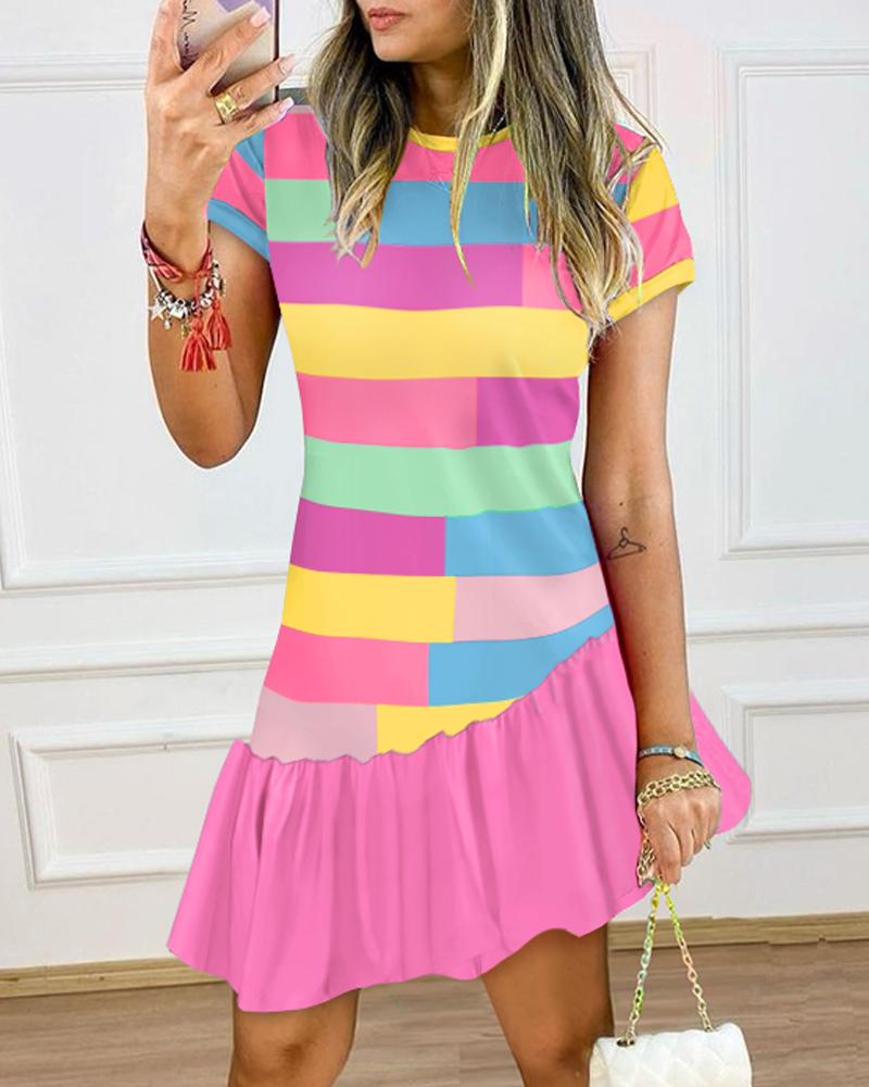 

Plaid Colorblock Asymmetrical Ruffle Hem Dress, Multicolor