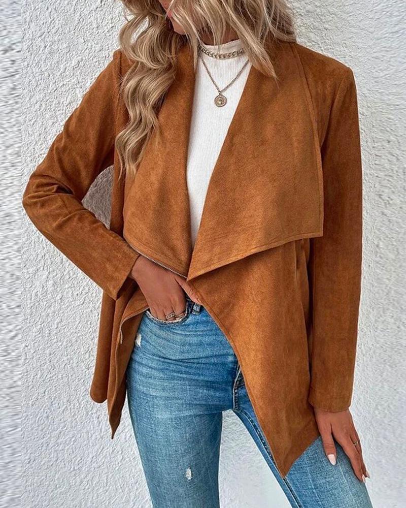 

Long Sleeve Waterfall Neck Suede Coat, Brown