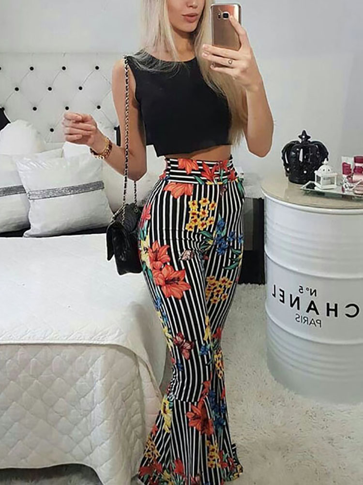 

Striped Floral Flared Pants With Crop Top Set, Black