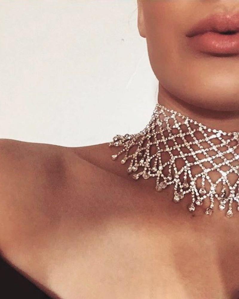

Waterdrop Rhinestone Wide Band Choker Necklace, Gold