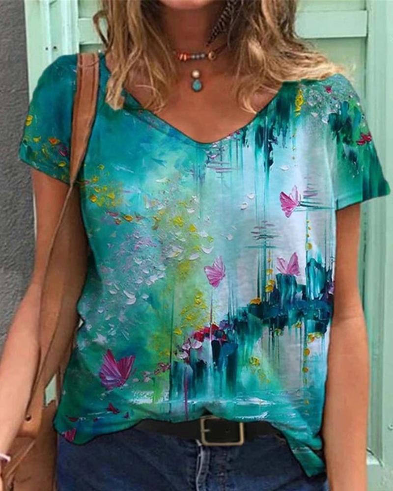 

Floral Print Short Sleeve T-Shirt, Style1