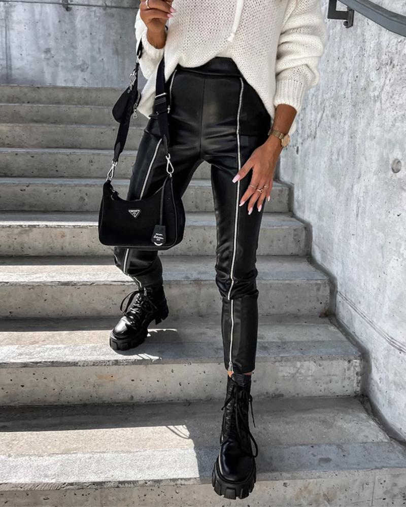 

Zipper Design PU Leather Skinny Pants, Black
