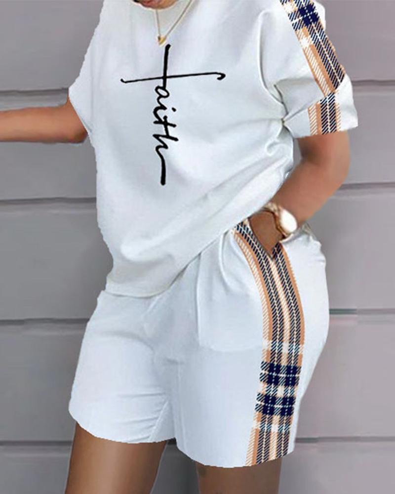 

Plus Size Faith Plaid Print Casual Top & Shorts Set, White