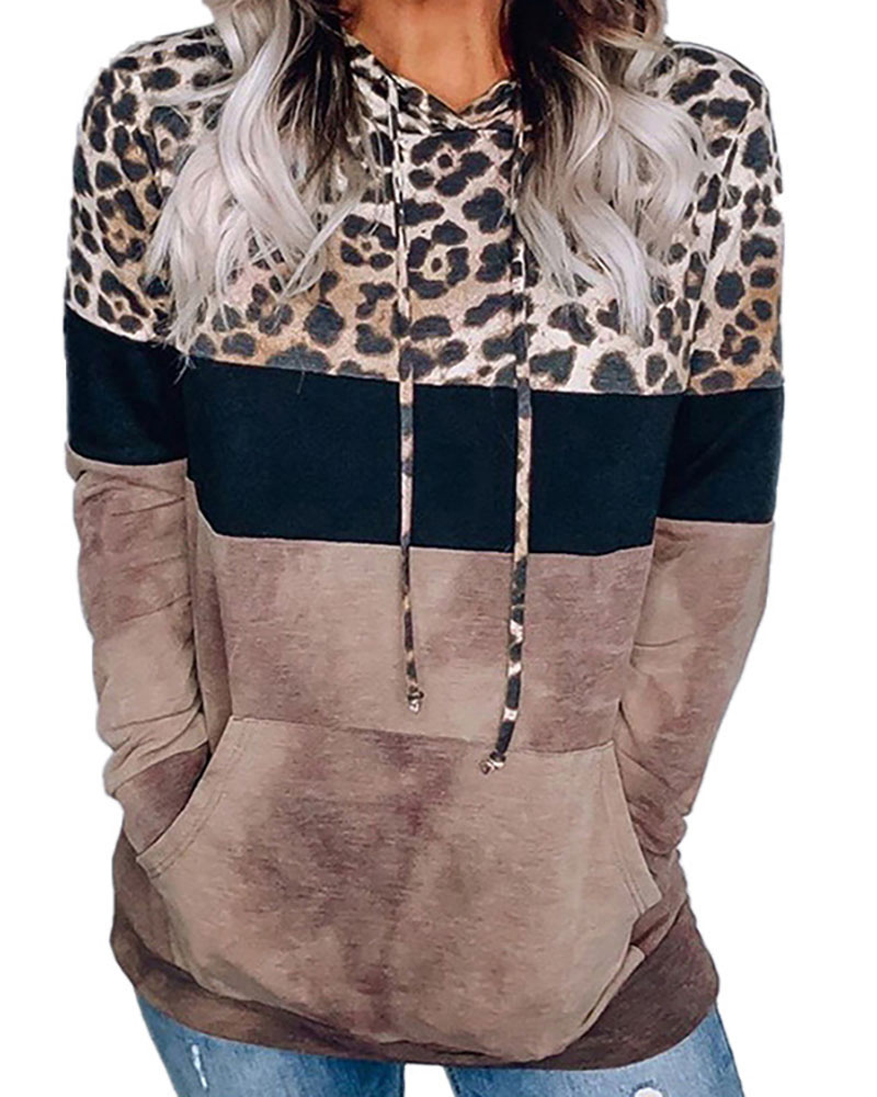 

Cheetah Print Colorblock Pocket Design Casual Hoodie, Brown