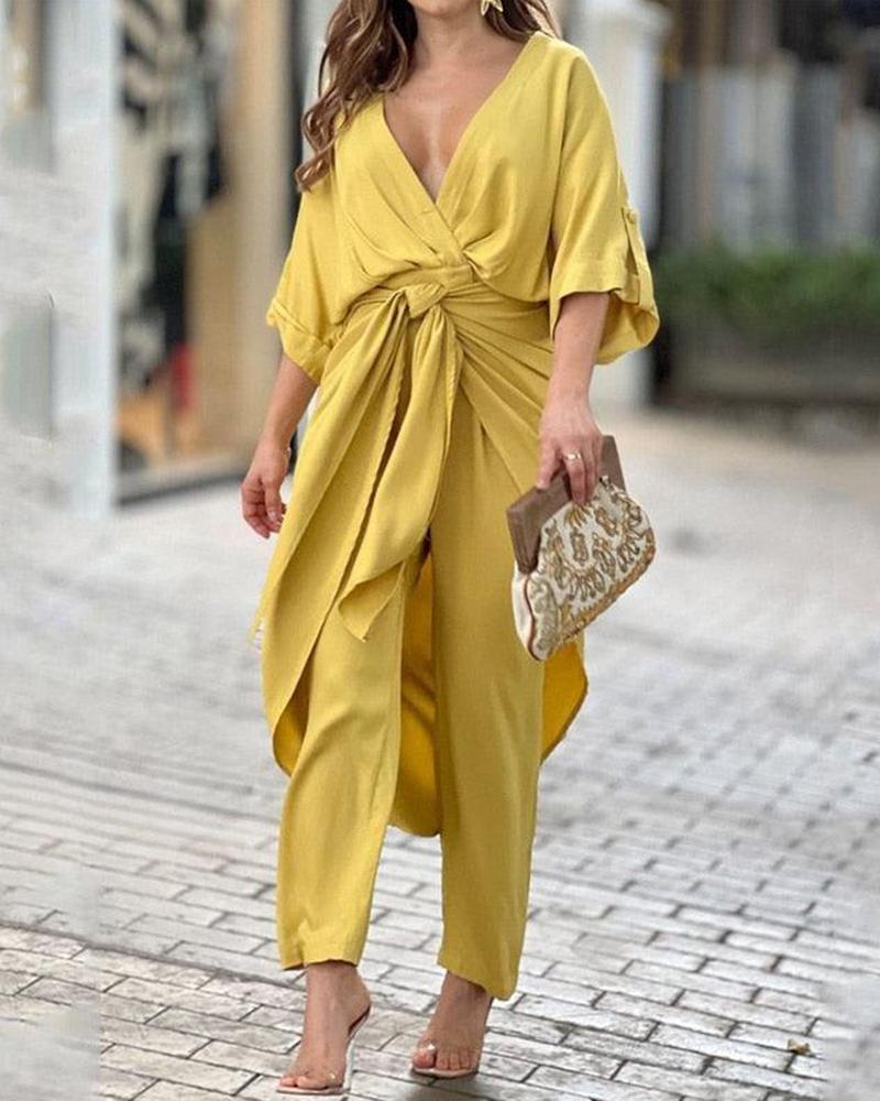 

Plunge Straight Leg Jumpsuit With Tied Detail Wrap Skirt, Yellow