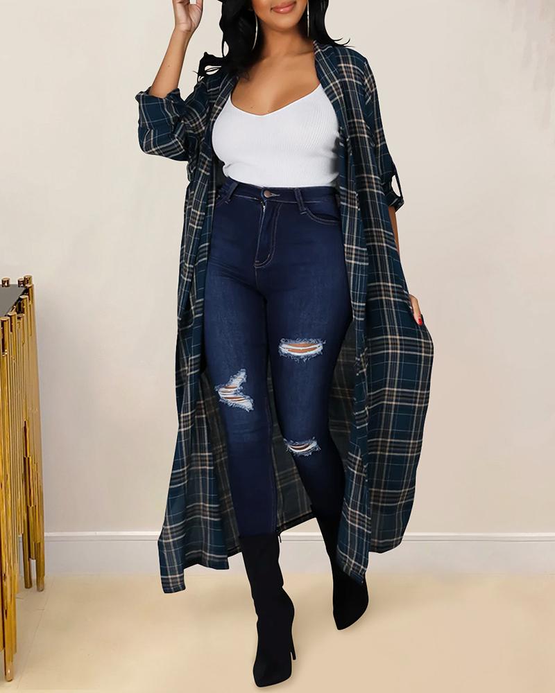 

Plaid Print Long Sleeve Open Front Maxi Dress, Blue