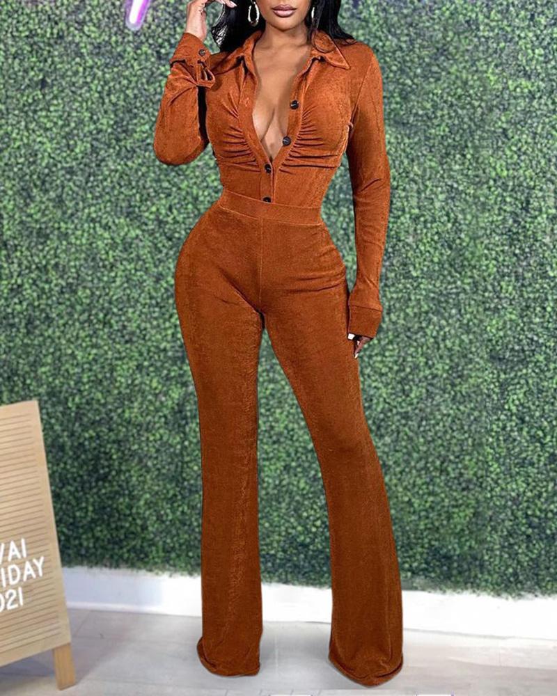 

Velvet Buttoned Ruched Top & Bootcut Pants Set, Orange