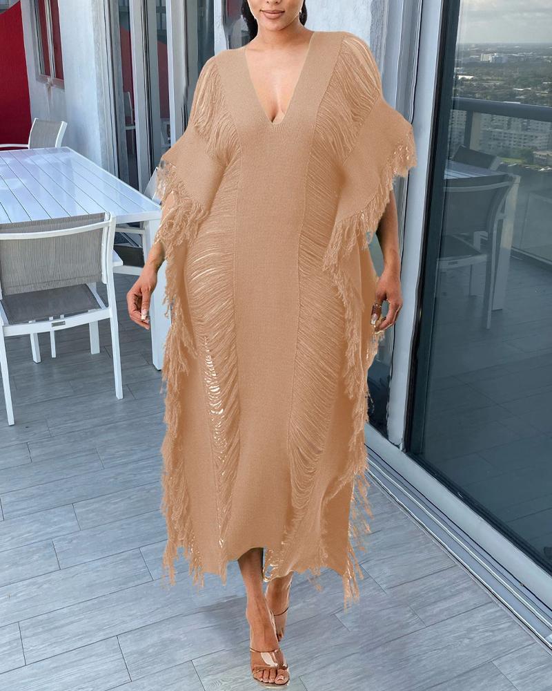 

Plain Tassel Trim Ripped Casual Dress, Khaki