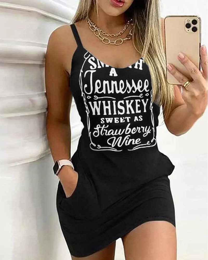 

Letter Print Pocket Detail Spaghetti Strap Casual Dress, Black