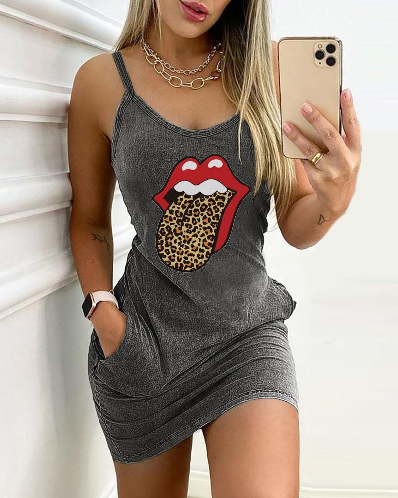 

Lip Leopard Print Pocket Detail Casual Denim Dress, Gray