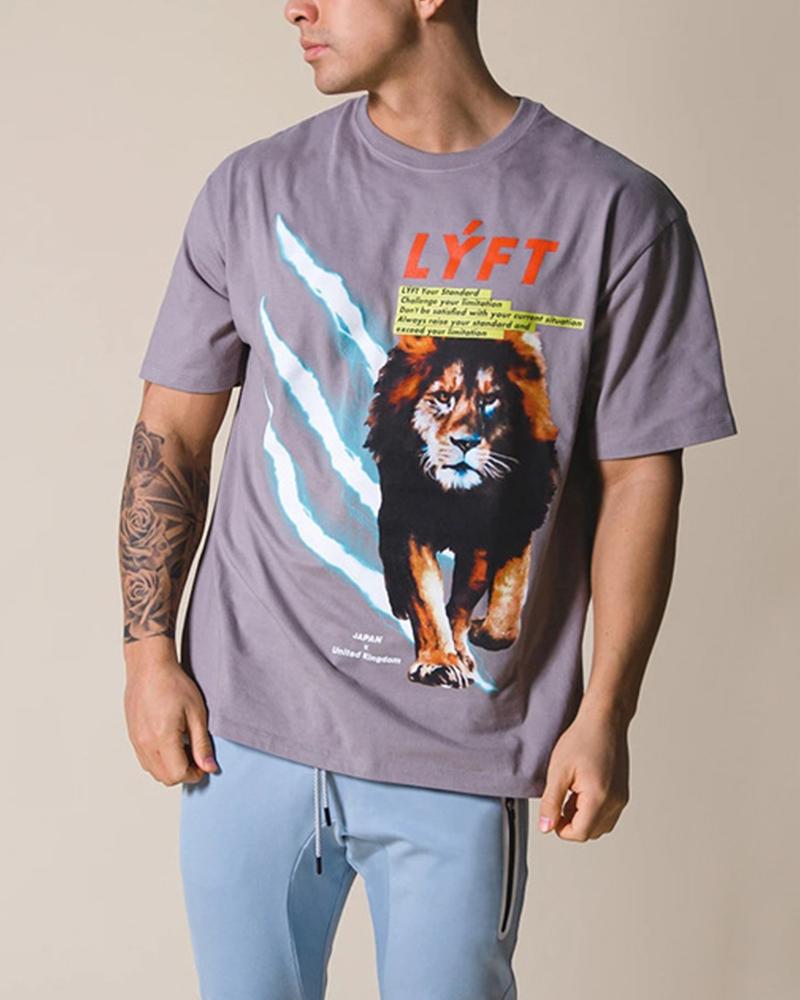 

Lion Print Short Sleeve Loose T-shirts, Gray
