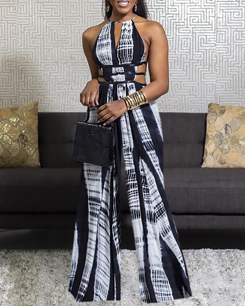 

Tie Dye Print Halter Cutout Wide Leg Jumpsuit, Black