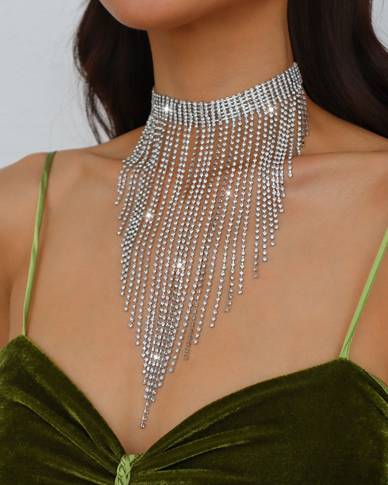 

1pc Sparkling Rhinestone Tassel Design Choker, Silver