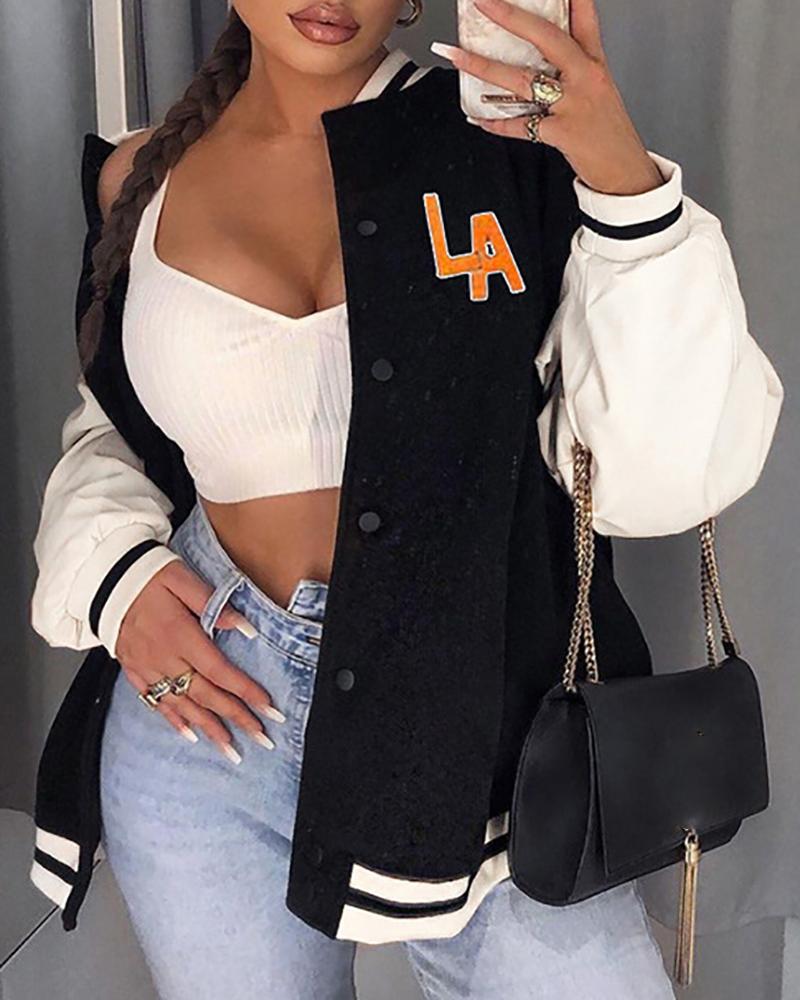 

Letter Pattern Long Sleeve Baseball Jacket, Black