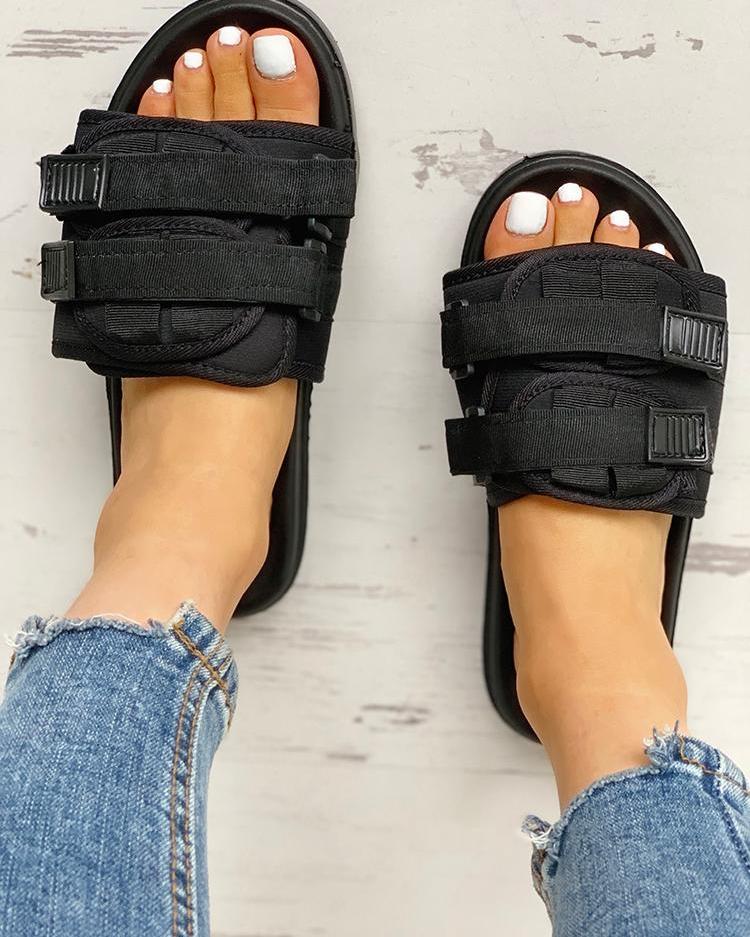 

Velcro Design Open Toe Flat Sandals, Black