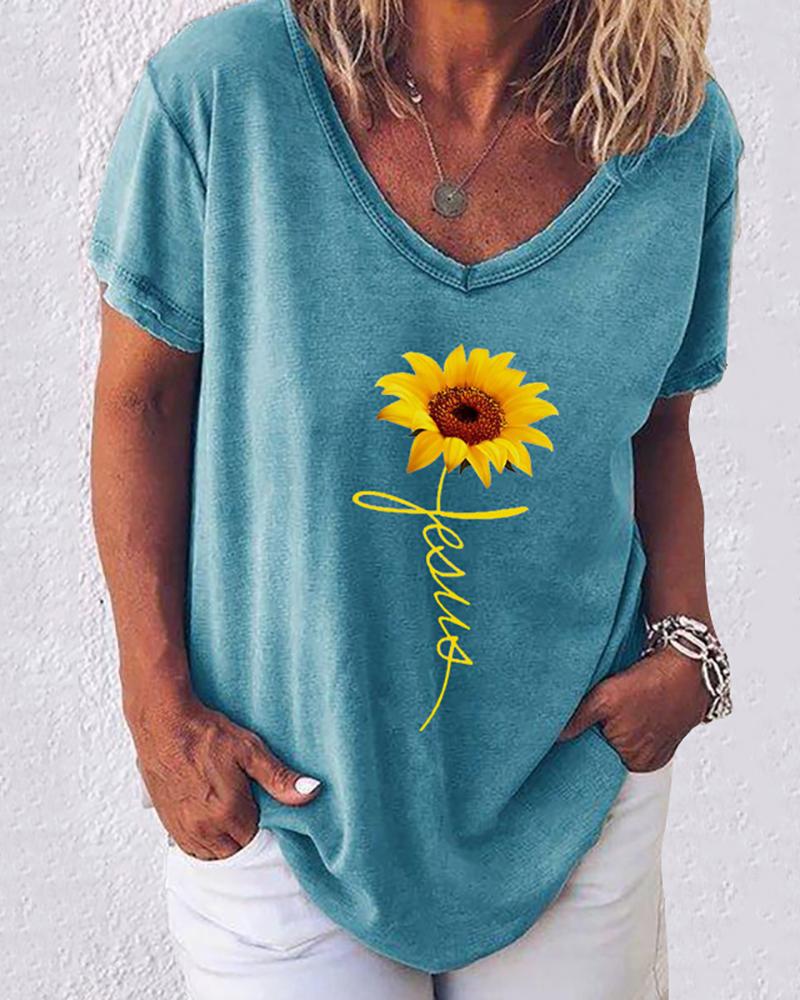 

Sunflower Print Letter Pattern Casual T-shirt, Blue