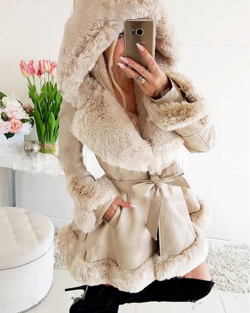 

PU Leather Faux Fur Patch Ruffles Hooded Coat With Belt, Beige