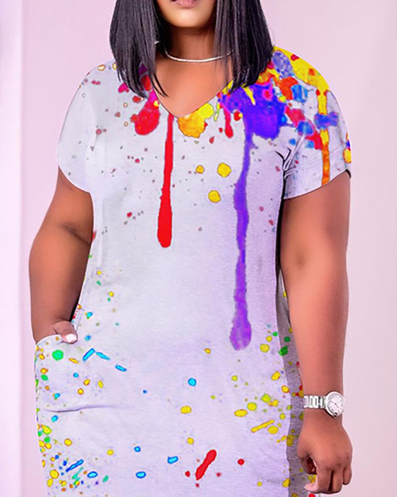 

Ink Splash Print Short Sleeve T-shirt Dress, Gray