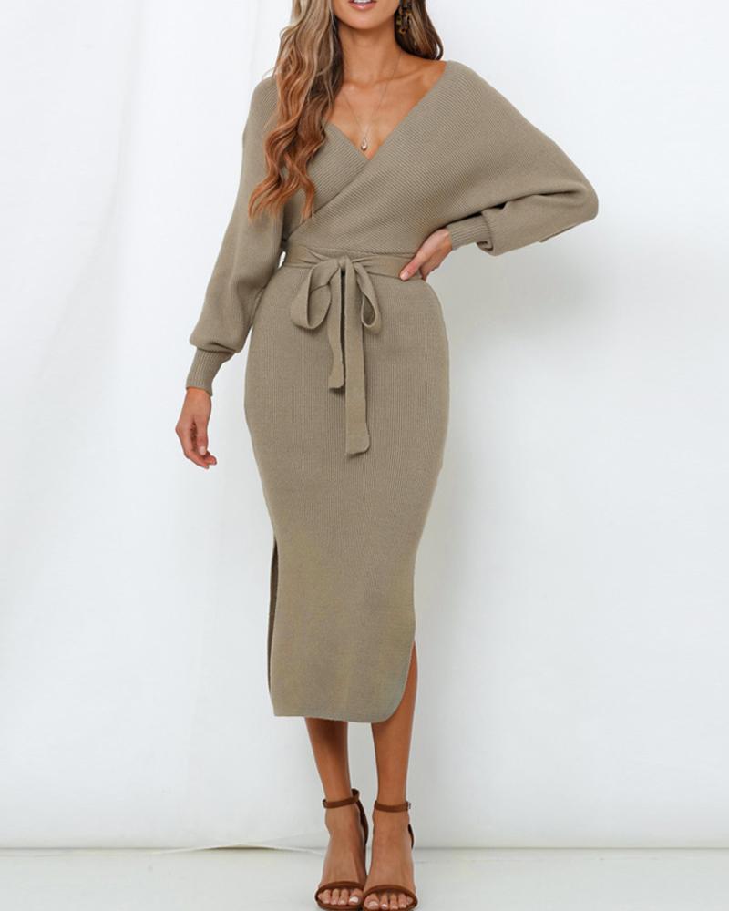 

Batwing Sleeve Bowknot Tie Split Hem Wrap Sweater Dress, Khaki