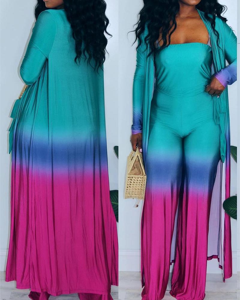 

Ombre Tie Dye Print Bandeau Jumpsuit & Longline Coat Set, Green