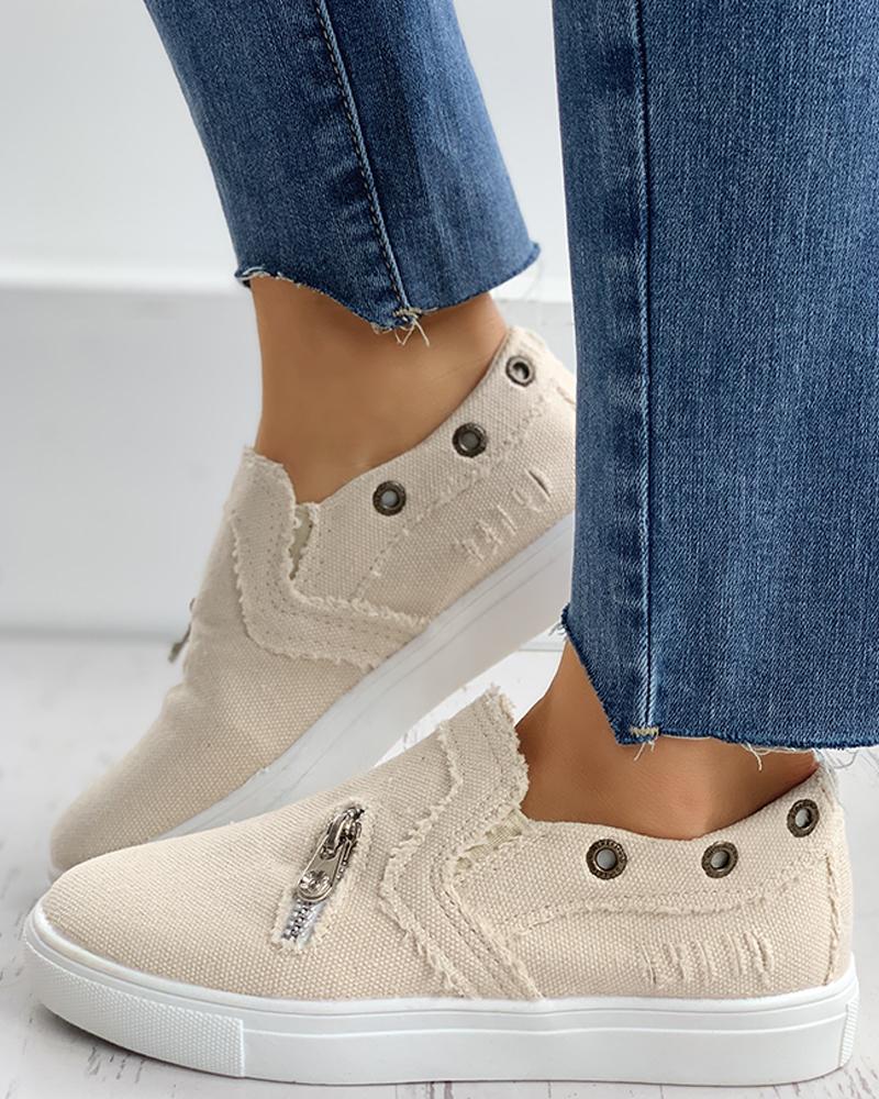 

Eyelet Zipper Design Slip On Sneakers, Beige