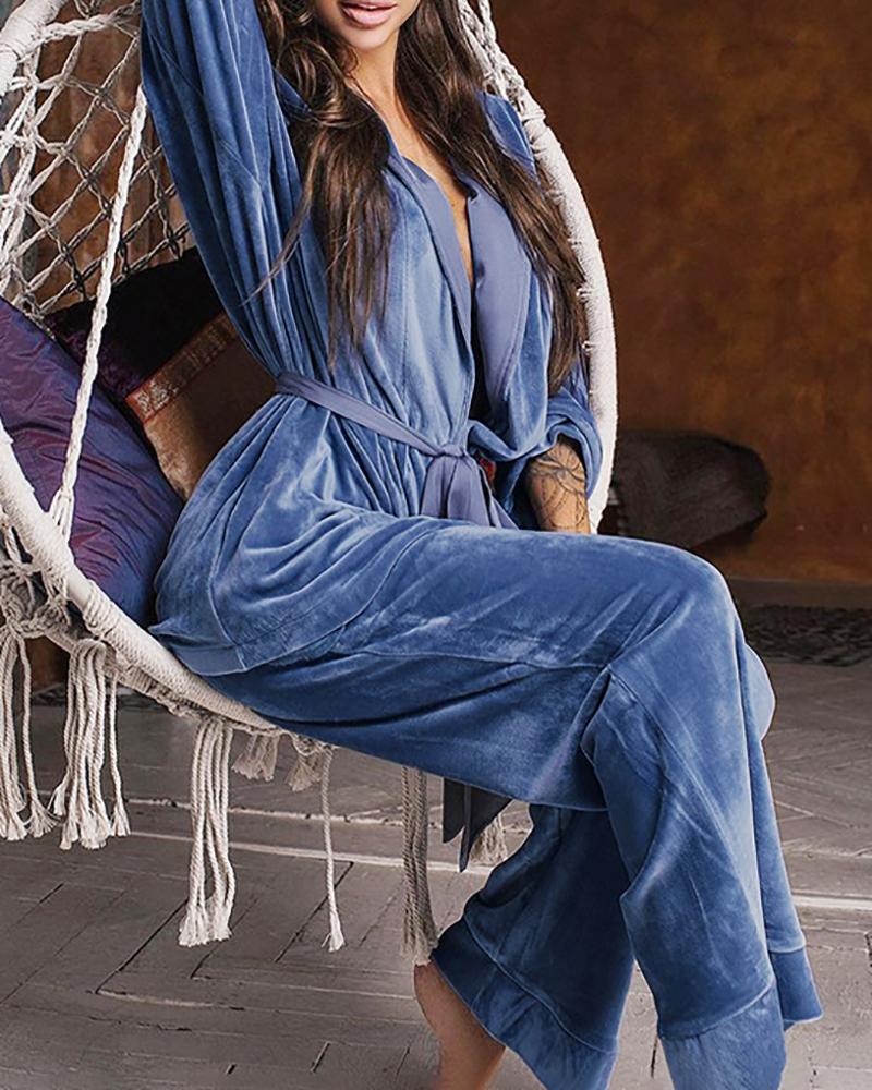 

Long Sleeve Velvet Tied Detail Pajamas Set, Blue