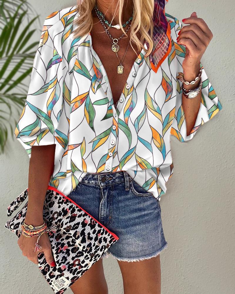 

Plants Print Lantern Sleeve Button Down Shirt, White