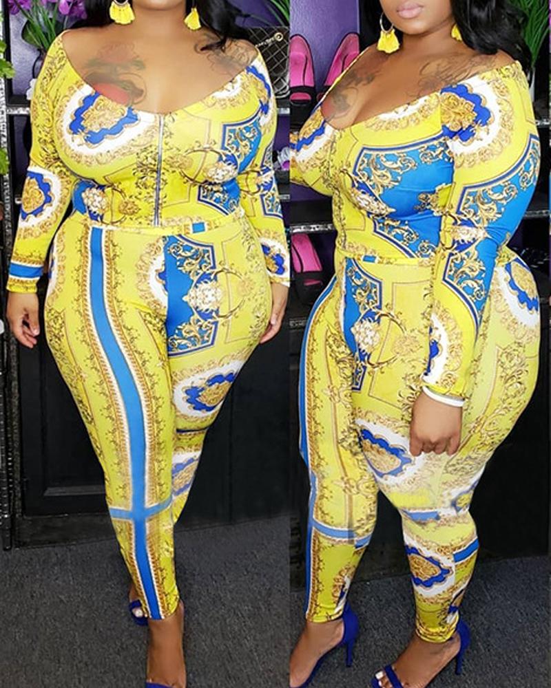 

Plus Size Baroque Print Zip Front Top & Pants Set, Yellow