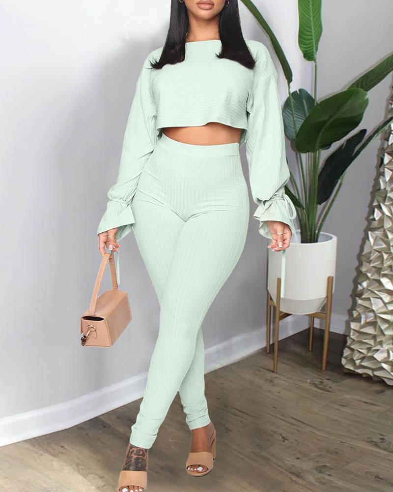 

Solid Ribbed Bell Sleeve Crop Top & Pants Set, Light green