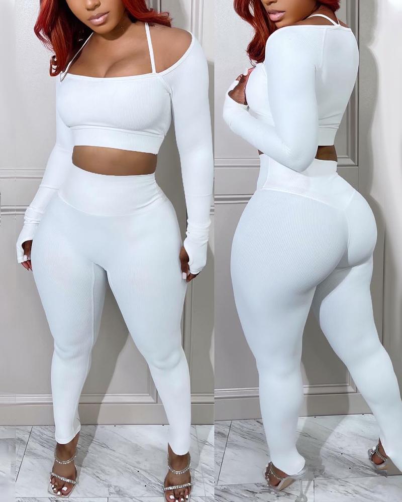 

Long Sleeve Crop Top & High Waist Pants Set, White