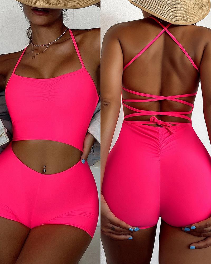 

Cutout Crisscross Backless One-Piece Swimsuit, Hot pink
