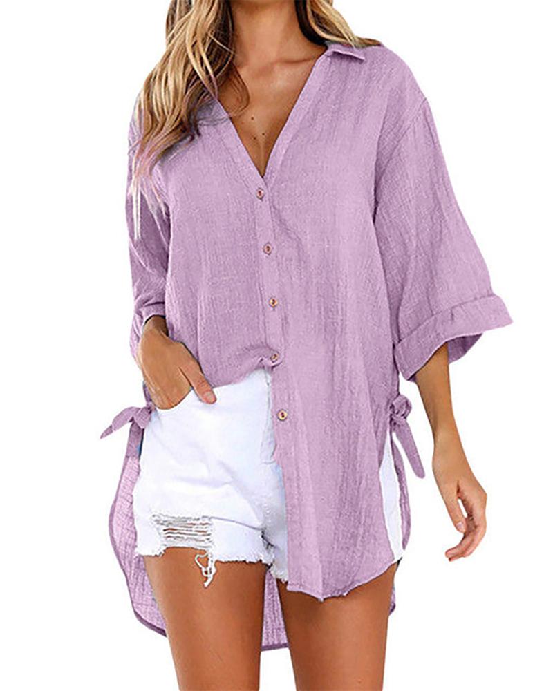 

Tied Detail Buttoned V-Neck Shirt, Light purple