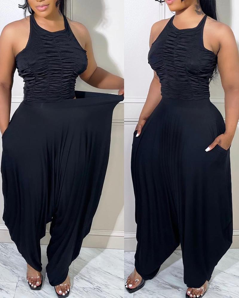 

Halter Cutout Ruched Top & Harem Pants Set, Black