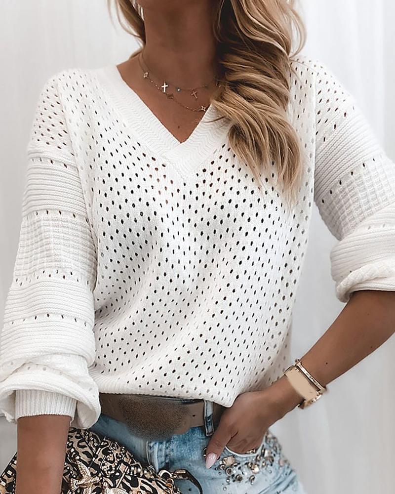 

Hollow Out Long Sleeve Casual Sweater, White