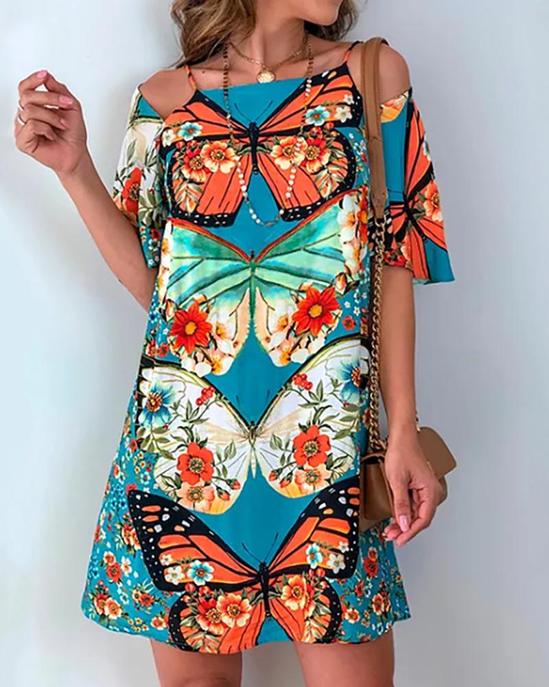 

Butterfly Print Cold Shoulder Backless Dress, Light blue
