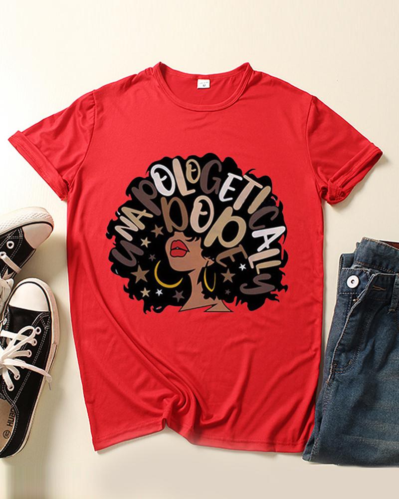 

Figure Letter Print Round Neck T-shirt, Red